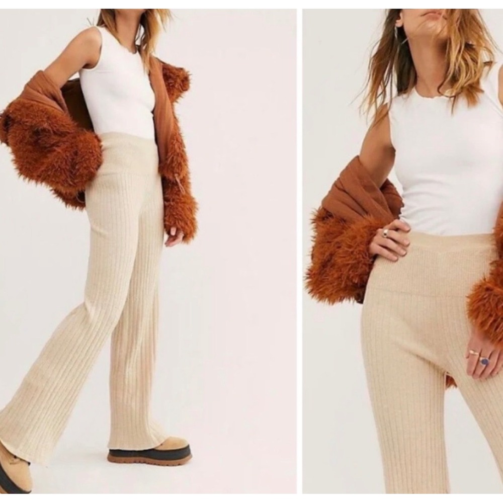 FREE PEOPLE Golden Hour High Waist Rib Knit Pants Leggings Flare Leg SZ M Cream